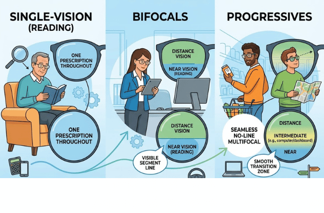 Selecting the right glasses: Bifocal, Progressive or Single-Vision reading glasses
